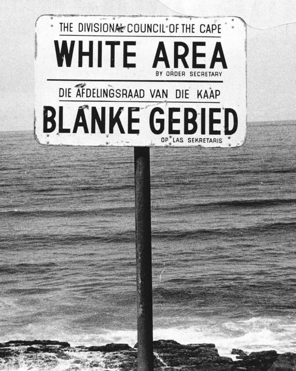 Bord op een strand met de tekst 'White area/Blanke gebied'