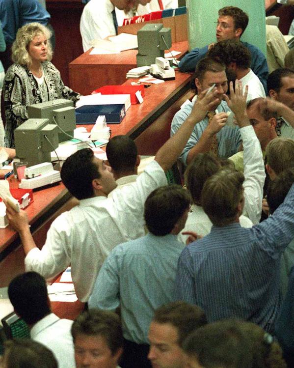 Drukte op de beursvloer van de AEX.