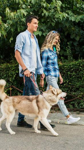 twee mensen wandelen met de hond