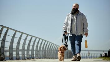 een man laat de hond uit vlakbij het strand
