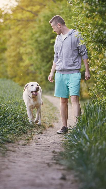 iemand laat zijn hond uit bij een weide