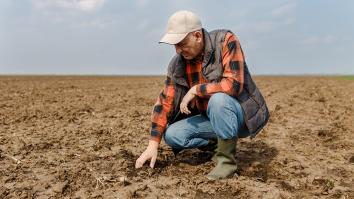 Boer bekijkt droog geworden land