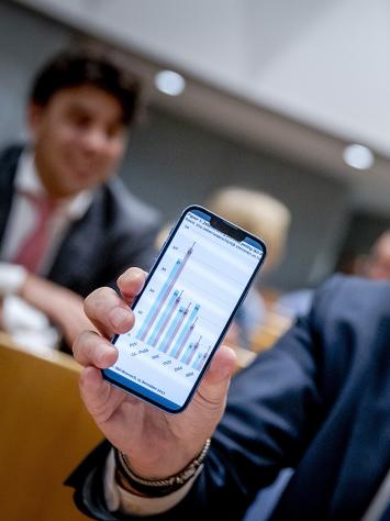 Hand van Wilders die telefoon met peilingen laat zien