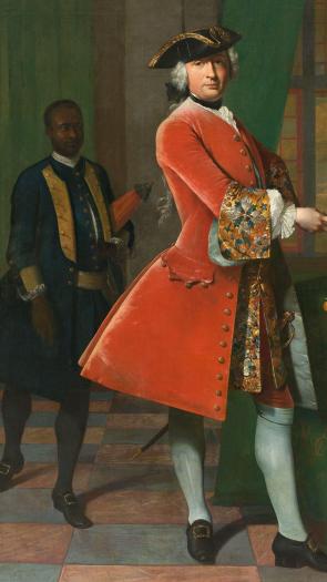Portret van Jan Pranger, directeur-generaal van de Guineesche Goudkust, en een tot slaaf gemaakte bediende