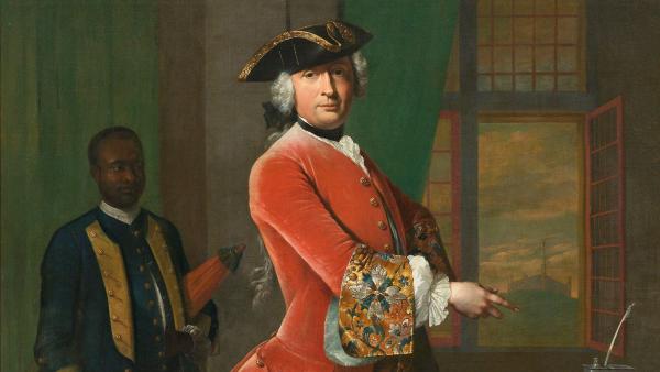 Portret van Jan Pranger, directeur-generaal van de Guineesche Goudkust, en een tot slaaf gemaakte bediende