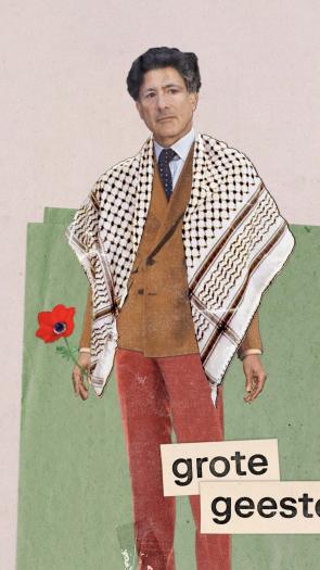 Een illustratie van Edward Said met de tekst 'Edward Said 1935-2003' en verwijzingen naar zijn Palestijnse achtergrond door middel van een Palestijnse vlag en keffiyeh.