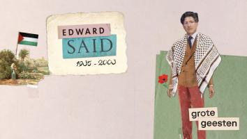 Een illustratie van Edward Said met de tekst 'Edward Said 1935-2003' en verwijzingen naar zijn Palestijnse achtergrond door middel van een Palestijnse vlag en keffiyeh.