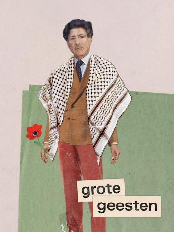 Een illustratie van Edward Said met de tekst 'Edward Said 1935-2003' en verwijzingen naar zijn Palestijnse achtergrond door middel van een Palestijnse vlag en keffiyeh.