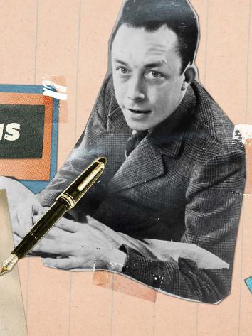 Illustratie van Albert Camus met een zwart witte foto van hem met een tekst erbij: 'Albert Camus, 1913-1960')