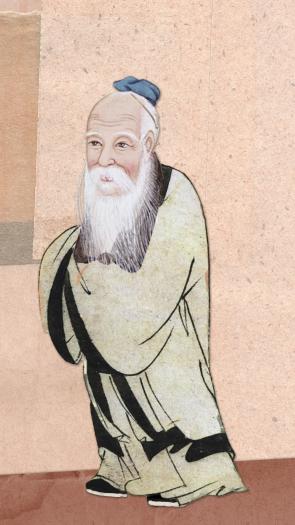 Op de afbeelding is een illustratie van de filosoof Laozi gezien met een tekst: "Laozi 604-507 v. Chr."