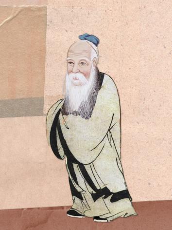 Op de afbeelding is een illustratie van de filosoof Laozi gezien met een tekst: "Laozi 604-507 v. Chr."