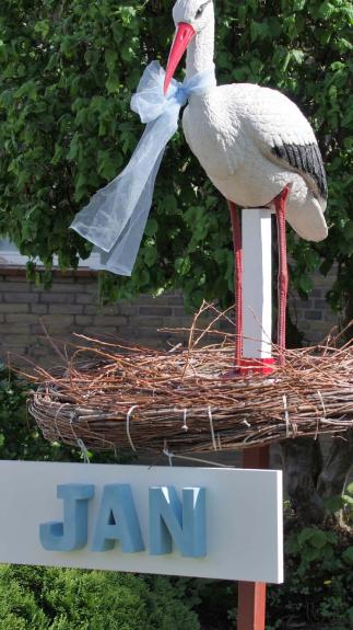 Een ooievaarsbeeld in een nest in iemands voortuin, met daaronder de kindernaam 'Jan'.