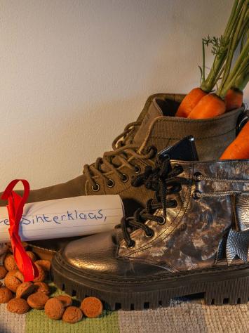 Een paar kinderschoenen met wortels erin. Ernaast een brief voor Sinterklaas en pepernoten.