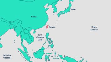 Een kaart waarop je Taiwan ziet als eiland in de zee met ten westen China, ten noordoosten Zuid-Korea en Japan, ten oosten de Grote Oceaan en ten zuiden de Filipijnen.