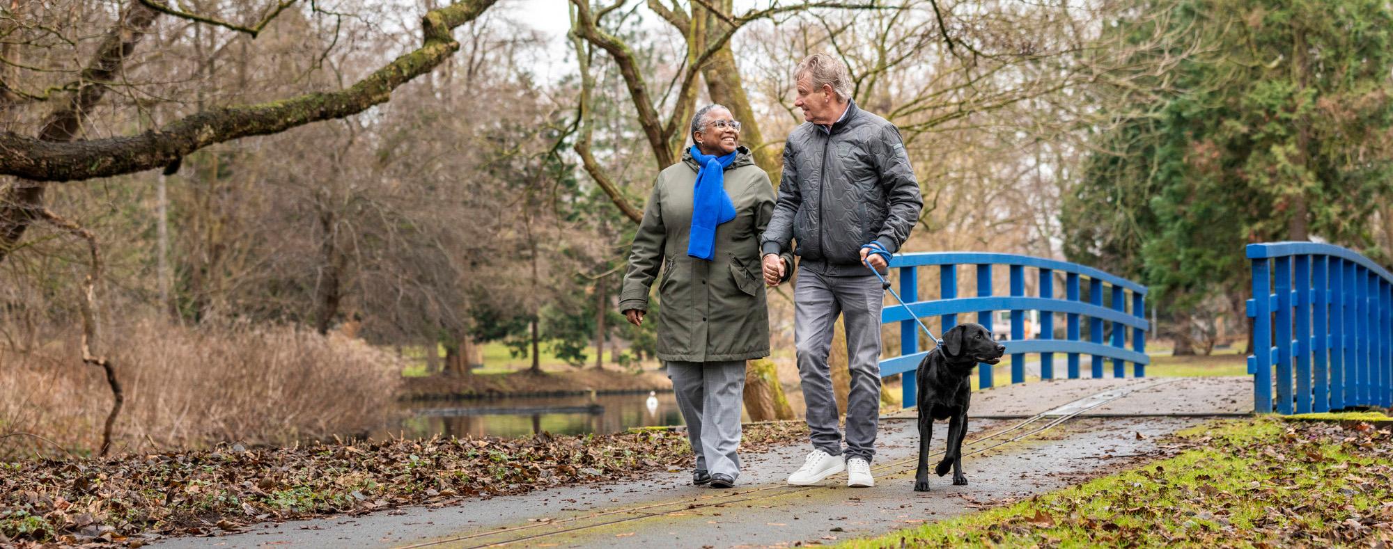 een koppel wandelt hand in hand met de hond door een parkje