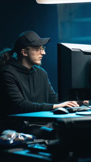 Een ethisch hacker zit achter zijn computer.