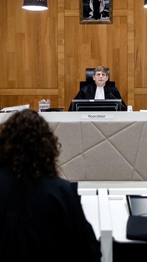 Meervoudige rechtszaal met 3 rechters tegenover een vrouw met krullen