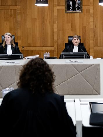 Meervoudige rechtszaal met 3 rechters tegenover een vrouw met krullen