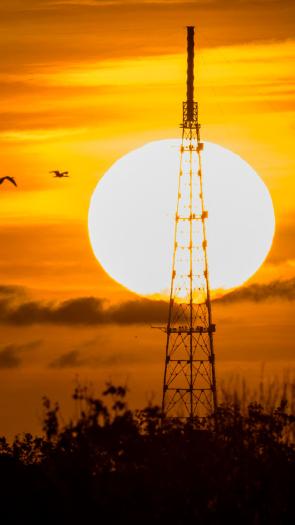 Een opkomende zon met een oranje gloed in de lucht en op de voorgrond silhouetten van een raketinstallatie van NASA