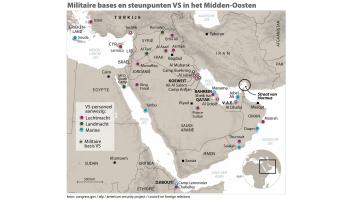 Een kaart met militaire bases en steunpunten van de VS in het Midden-Oosten, zoals in Irak en de Golfstaten