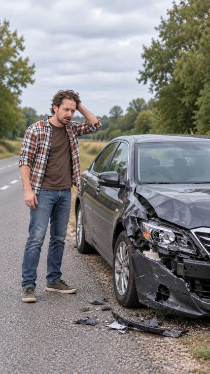 Foto van man die geschrokken naast een gecrashte auto staat langs de weg met hand in het haar. Deze foto is gegenereerd met AI. 