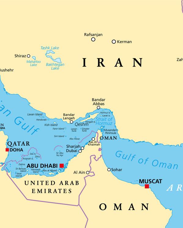 Een topografische afbeelding van de Straat van Hormuz