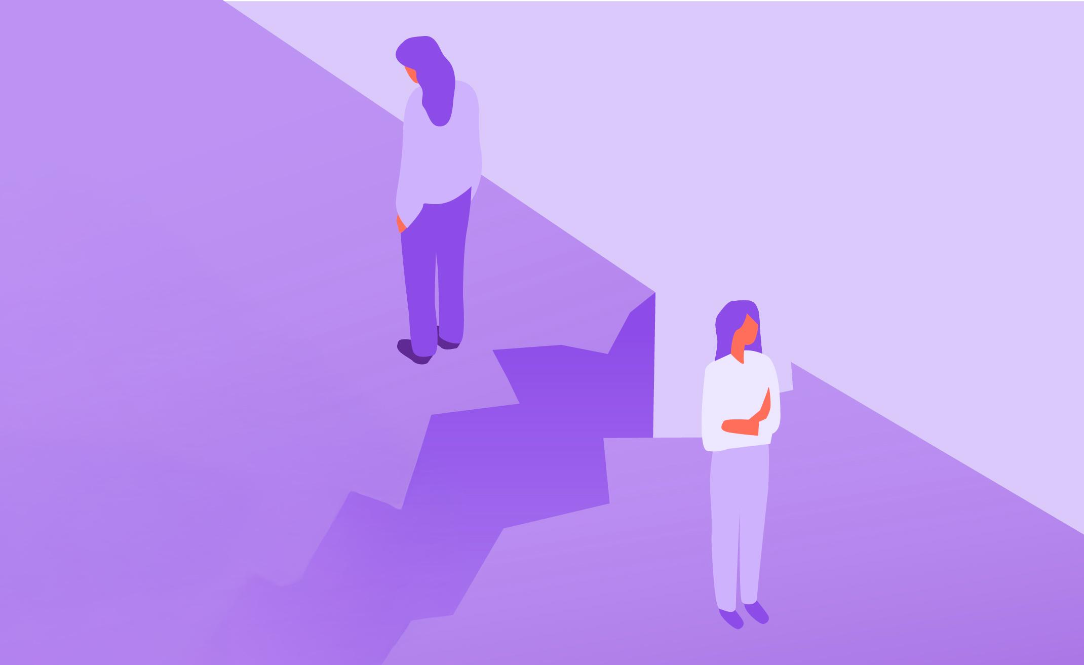 Een illustratie van twee personen die beide aan één kant van een breuk in de grond staan, de een verdrietig, de ander boos