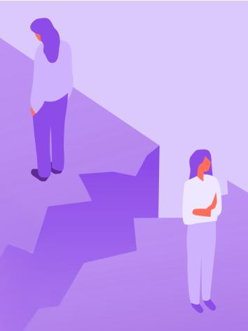 Een illustratie van twee personen die beide aan één kant van een breuk in de grond staan, de een verdrietig, de ander boos