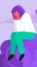 een illustratie van een vrouw die op een tumorcel zit, met haar gezicht in haar handen