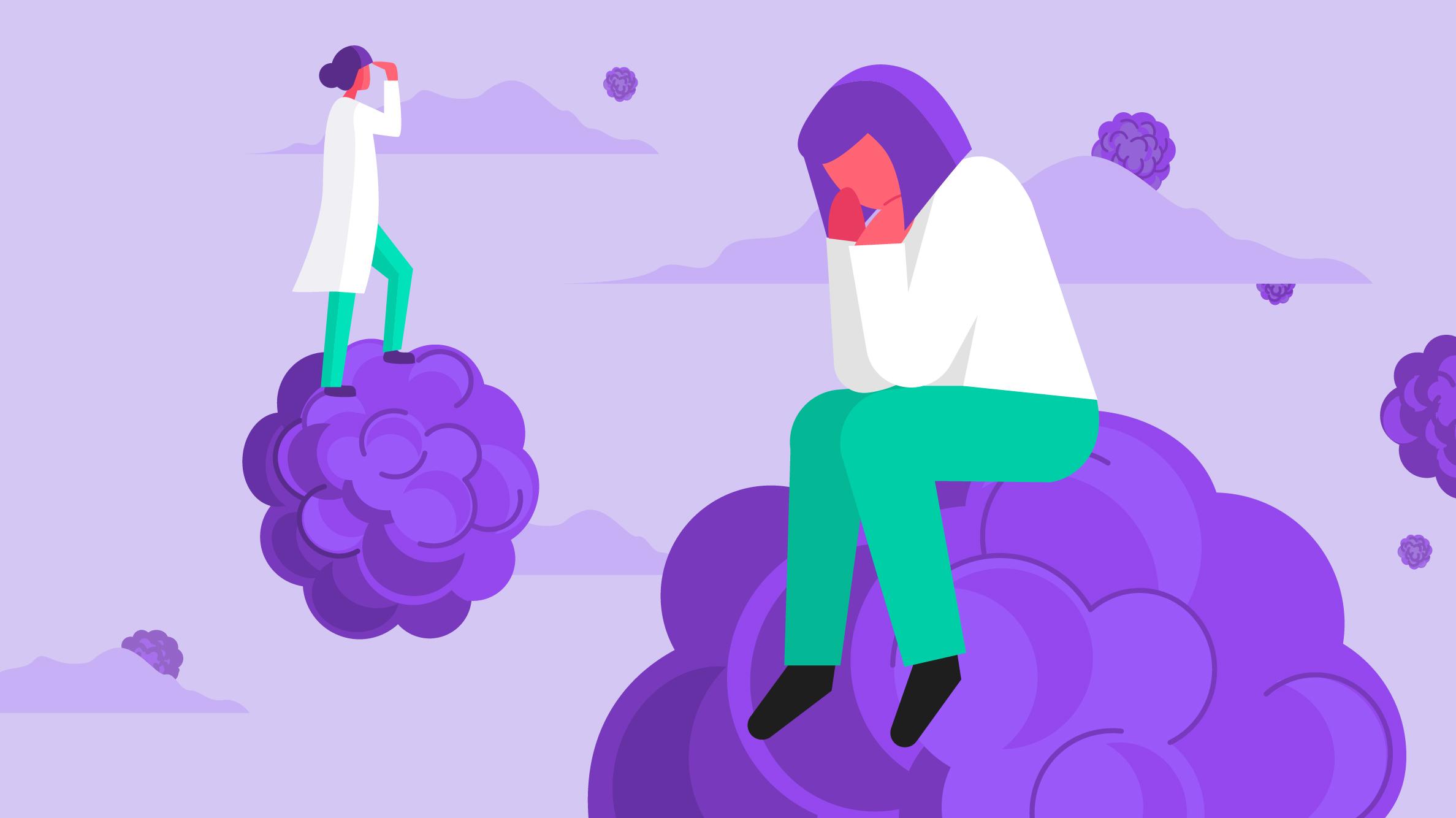 een illustratie van een vrouw die op een tumorcel zit, met haar gezicht in haar handen
