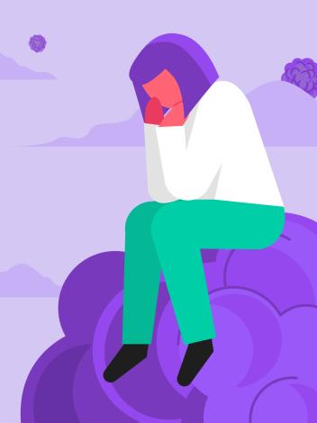 een illustratie van een vrouw die op een tumorcel zit, met haar gezicht in haar handen