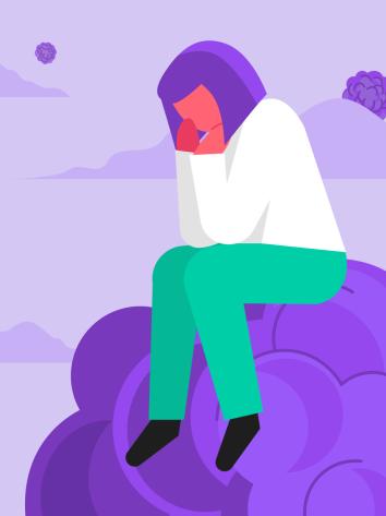 een illustratie van een vrouw die op een tumorcel zit, met haar gezicht in haar handen