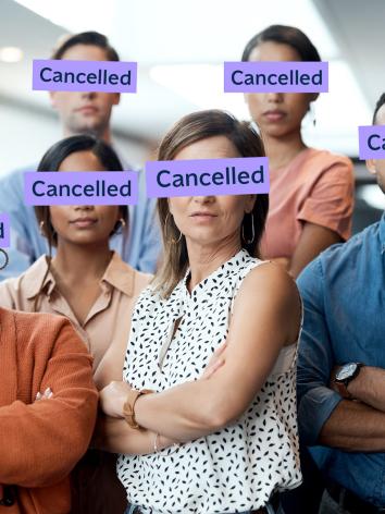 Groep mensen met balk voor hun ogen met het woord 'cancelled'