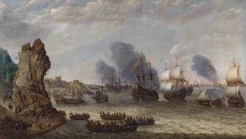 Schilderij van slag op zee waar boten vechten. Kleine boten vol mannen komen op de voorgrond aan op een stand en op de achtergrond zie je fort Luanda en veel rook.