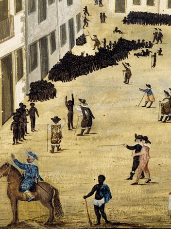 Schilderij van slavenmarkt op een grote straat in Recife. Groepen mannen in adelijke kleding kijken naar naakte tot slaaf gemaakten. 