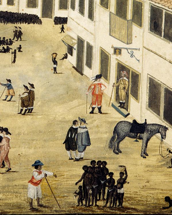 Schilderij van slavenmarkt op een grote straat in Recife. Groepen mannen in adelijke kleding kijken naar naakte tot slaaf gemaakten.