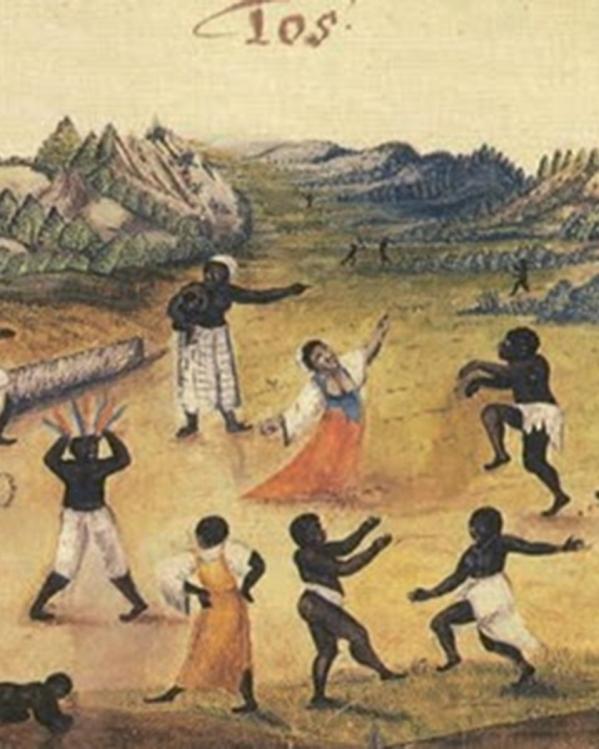 Schilderij van dansende figuren met bergen op de achtergrond 