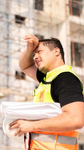 Een bouwmedewerker staat in de volle zon en veegt met zijn arm over zijn voorhoofd