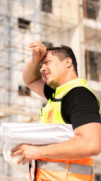 Een bouwmedewerker staat in de volle zon en veegt met zijn arm over zijn voorhoofd