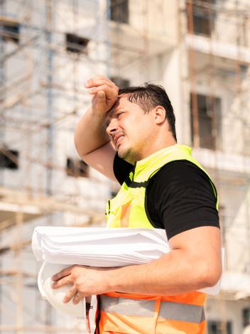 Een bouwmedewerker staat in de volle zon en veegt met zijn arm over zijn voorhoofd