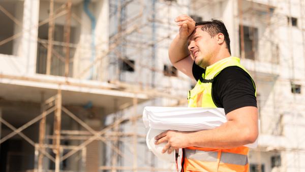 Een bouwmedewerker staat in de volle zon en veegt met zijn arm over zijn voorhoofd