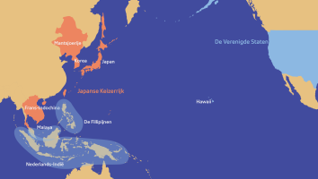 Een kaart met als focus de Stille Oceaan laat zien hoe Japan en de VS tegenover elkaar stonden in 1941