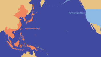 Een kaart met als focus de Stille Oceaan laat zien hoe Japan en de VS tegenover elkaar stonden in 1942