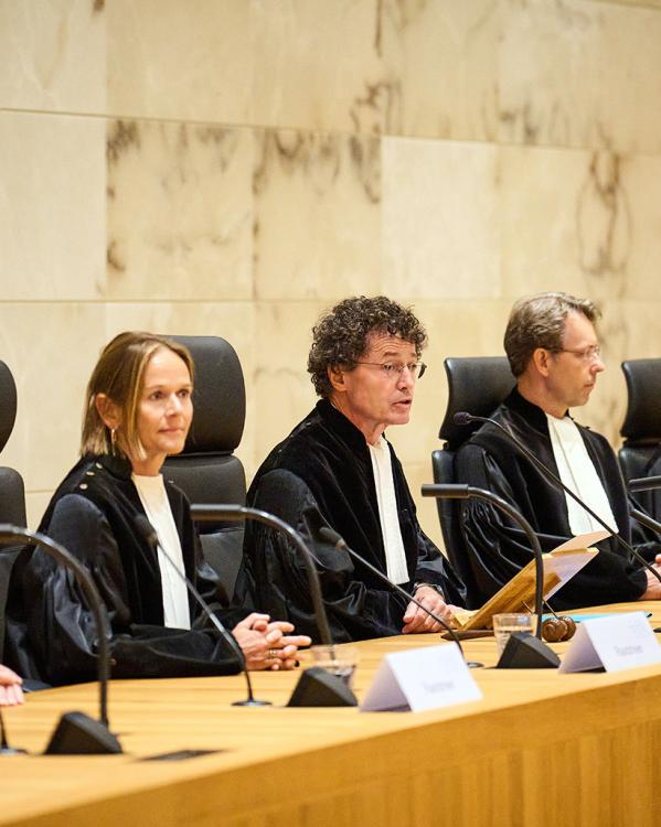 Rij raadsheren van de Hoge Raad in toga's aan zittend aan een lange tafel met microfoontjes.