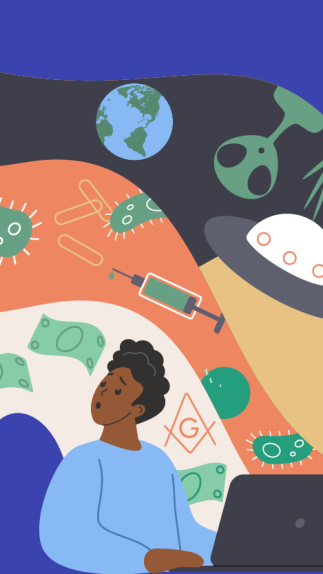 Een illustratie van een jongen die op een laptop met daarachter een grote 'wolk' met symbolen van bekende complottheorieën, zoals aliëns, illuminati, virusdeeltjes en de aarde