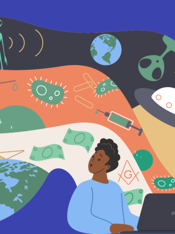Een illustratie van een jongen die op een laptop met daarachter een grote 'wolk' met symbolen van bekende complottheorieën, zoals aliëns, illuminati, virusdeeltjes en de aarde
