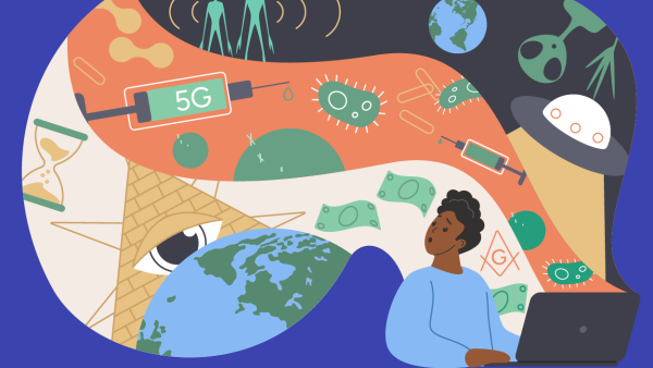 Een illustratie van een jongen die op een laptop met daarachter een grote 'wolk' met symbolen van bekende complottheorieën, zoals aliëns, illuminati, virusdeeltjes en de aarde