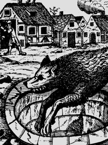 een zwart-witillustratie van een weerwolf die en dorp terroriseert
