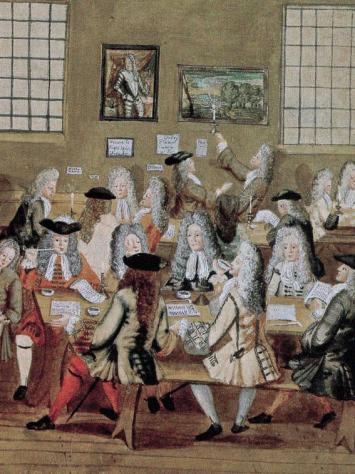 Rijke Britse mannen met lange witte en bruine pruiken en nette jassen drinken koffie in een Londens koffiehuis