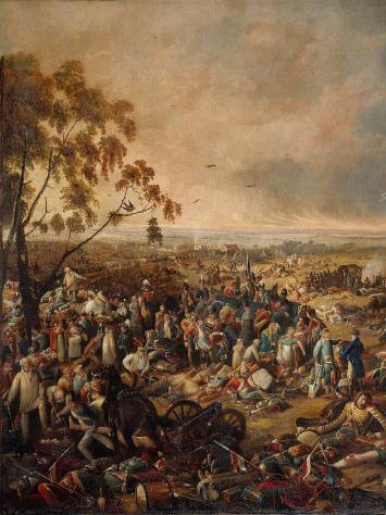 Een schilderij van de ochtend na de Slag bij Waterloo. Er zijn veel soldaten te zien en burgers en soldaten die tussen de gewonden en doden doorlopen.